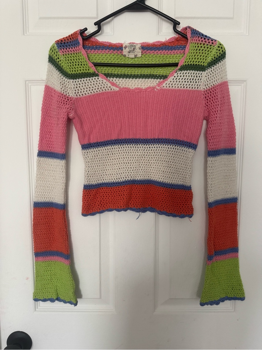 Y2k Hand-Knit Striped Crochet Top - Pink Multi
